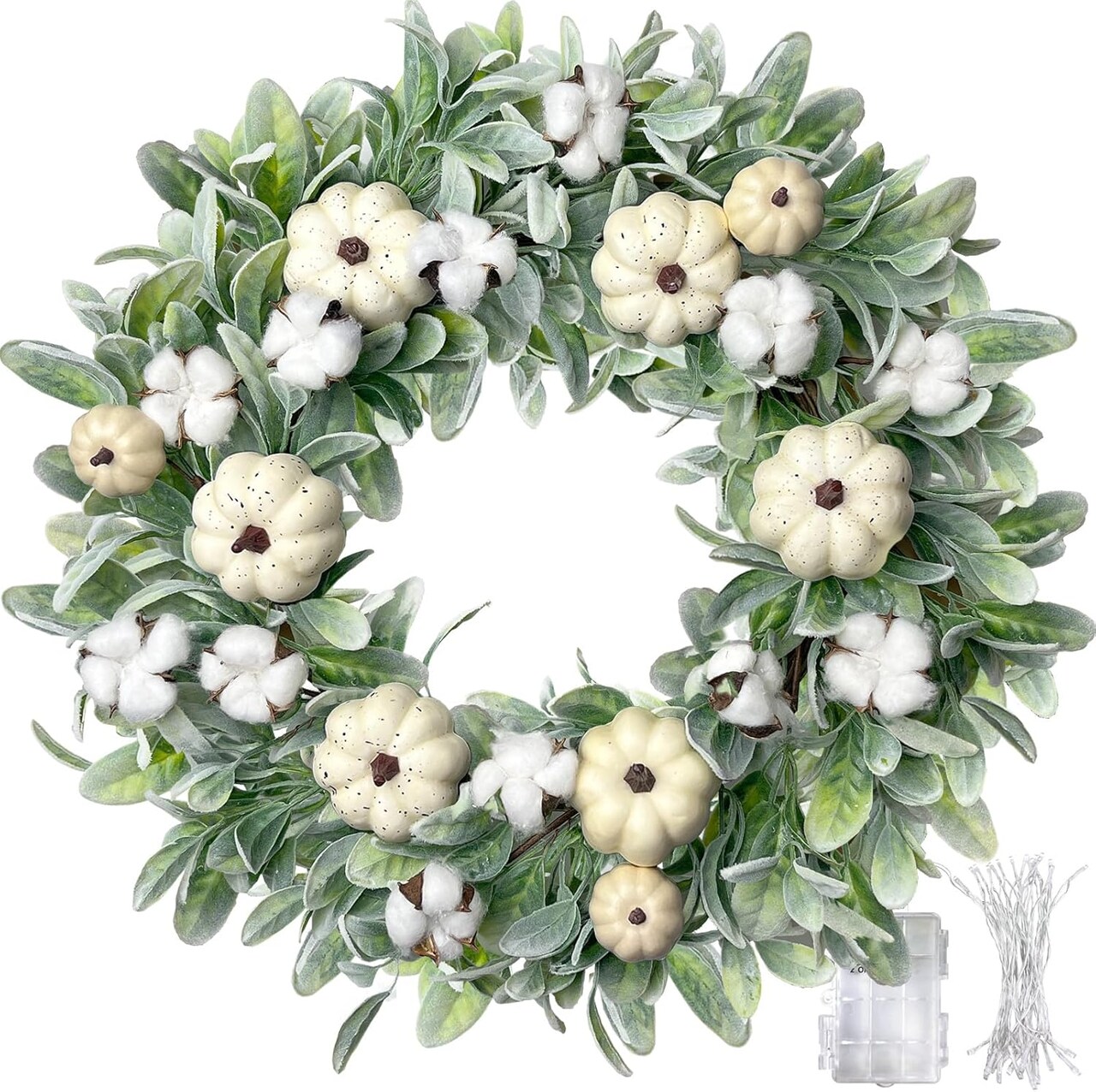 Outdoor Large Fall Door Eucalyptus Wreath with White Pumpkin,Thanksgiving Harvest Decorations,Home Porch Wall Decor